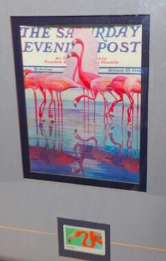 Framed & Matted Saturday Evening Post “Florida Flamingo” 1938 Print + 1992 Stamp